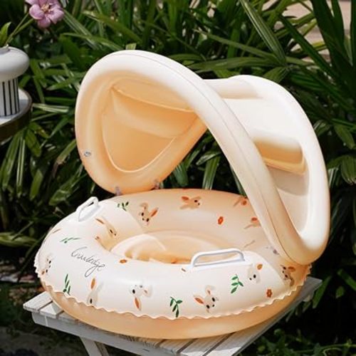 Baby Swimming Ring Inflatables with Detachable Canopy Sun Protection, Stripy Cartoon Float Seat with Handles for Boys Girls 40 lbs