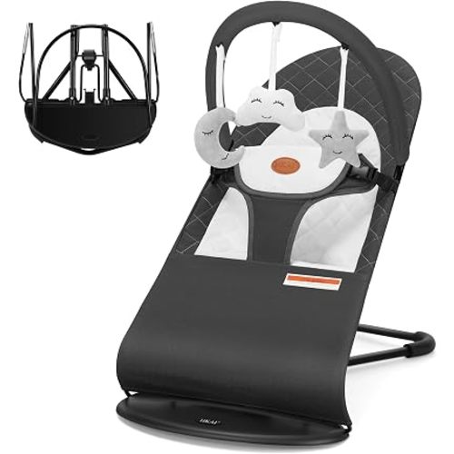 Baby Bouncer, Portable Baby Bouncer Seat for Babies 0-18 Months, 100% Cotton Fabrics, 3 Modes of use with Rocker and Stationary Options, Infant Rocker Chair with Hanging Toys-Dark Grey