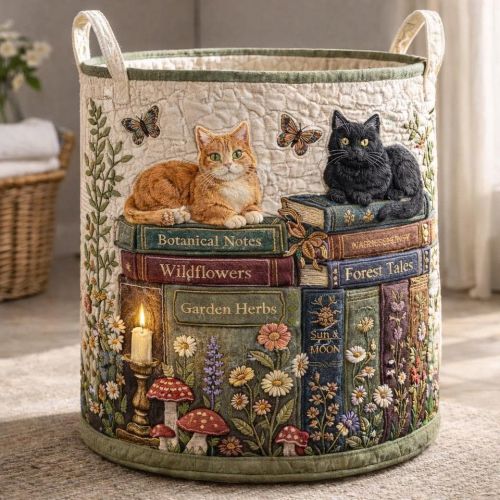 Cat Library Quilted Laundry Basket, Botanical Books Fabric Hamper, Cat Lover Gift 14" x 18" sold by Enrichetta Milk | SKU 2523402336 | Printerval