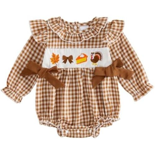 Baby Girl Thanksgiving Romper Turkey Bows Plaid Bubble Bodysuit Doll Collar Long Sleeve Smocke Tops for Fall