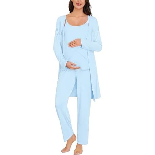 SWOMOG Maternity Pajamas Set 3 PCS Nusing Pajamas Labor and Delivery Gown & Camisole & Pants Postpartum Pjs