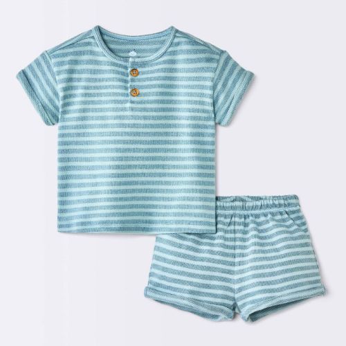 Baby Boys' 2pc Striped Henley T-Shirt and Shorts Set - Cloud Island™ Light Blue 0-3M