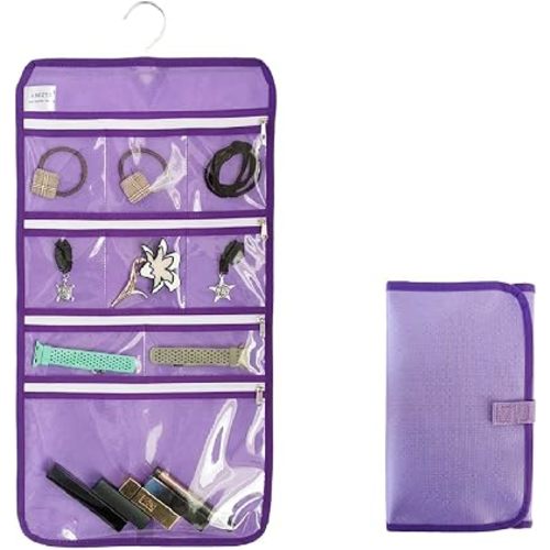 Travel Foldable Jewelry Rolls Bag Hanging Jewelry Organizer with 9 Zippered Clear Pockets Storage Pouch with Rotatable Hanger (PURPLE)
