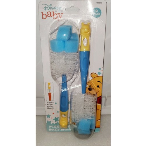 DISNEY BABY WINNIE THE POOH BOTTLE BRUSH w/NIPLE BRUSH INSIDE HANDLE BLUE/YELLOW