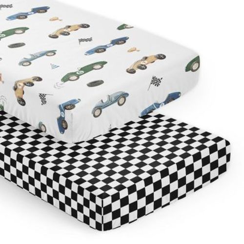 Sweet Jojo Designs Boy Fitted Crib Sheets Set Race Car Cartoon Cars Blue, Green & Yellow 2pc