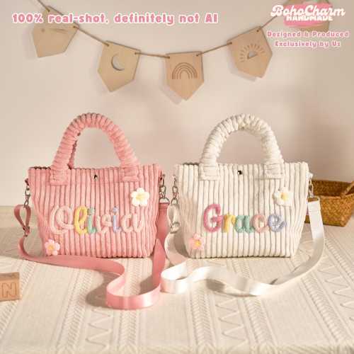 Custom Crossbody bag | Soft Corduroy Kids Bag | Removable Satin Strap | Magnetic snap | 10 Colors | Option Icons
