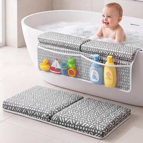 Vicenpal Baby Bath Kneeler and Elbow Rest Pad Set, Thick Comfortable Quick Dry Memory Foam Kneeling Pad, Foldable Non Slip Bathtub Cushion with Toy Organizer for Happy Baby Bath Time