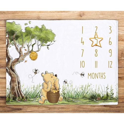 Classic Winnie Monthly Milestone Blanket, Soft Silk Touch Photo Background, Newborn Growth Mat Backdrop - with a Star Marker