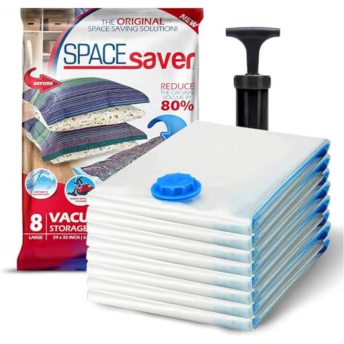 Spacesaver Large Vacuum Storage Bags for Comforters, Blankets & Clothes – Vacuum Sealed Compression Bags with Hand Pump – Space Saver Storage Bags for Bedding, Moving, Travel & Organization (8 Pack)