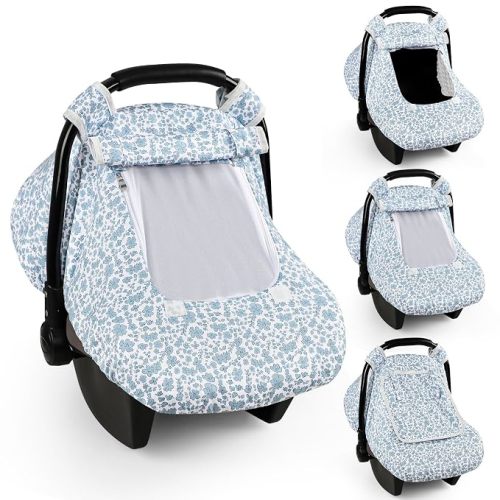 Baby Car Seat Cover Winter, Windproof Carseat Covers for Newborn with 2 Layers Window, Blue Flowers Infant Car Seat Canopy for Girls with Minky Dot Backing, Keeps Babies Warm and Cozy