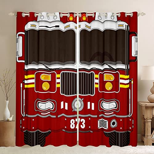 3D Fire Truck Curtains for Bedroom - Fire Engine Drapes & Black Red Firemen Car Vehicle Window Curtains - Cartoon Firefighter Truck Draperies - 2 Panels, 38"Wx45"L