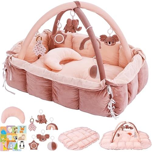 5-in-1 Baby Play Gym and Tummy Time Mat, Tummy Time Pillow & 12 Learning Cards, Plush Activity Mat with 6 Toys, Baby Gym, Convertible to Ball Pit, Baby Gift, Pink