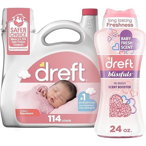 Bundle of Dreft Stage 1: Newborn Baby Liquid Laundry Detergent 114 loads 165 fl oz + Blissfuls In-Wash Scent Booster Beads, Baby Fresh Scent, 24 oz