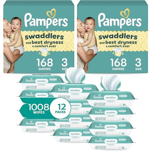 Pampers Swaddlers Disposable Baby Diapers Size 3, 2 Month Supply (2 x 168 Count) with Sensitive Water Based Baby Wipes 12X Multi Pack Pop-Top and Refill (1008 Count)