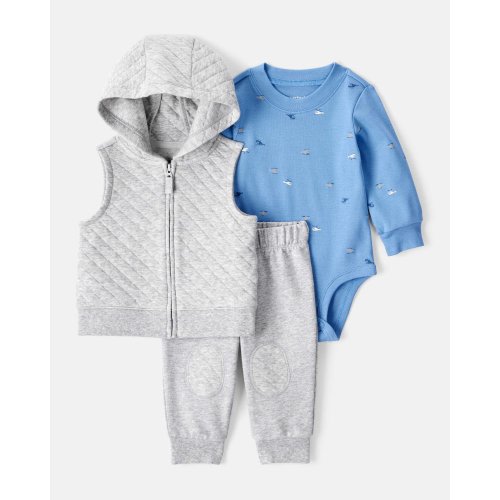 Baby Boy 3-Piece Helicopter Print Long-Sleeve Vest, Bodysuit & Pant Set - Grey | Carter's