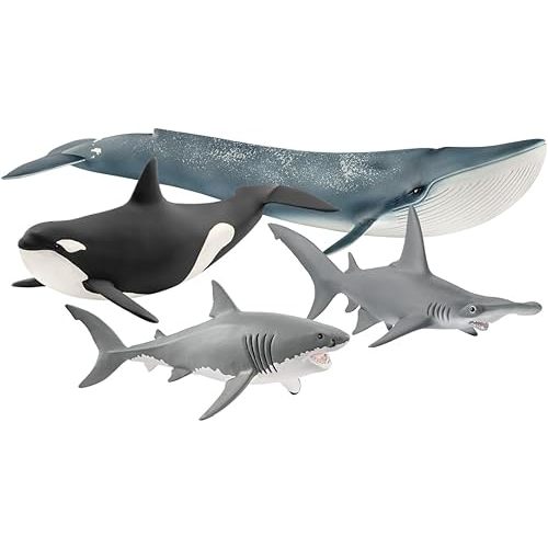 Schleich Ocean Animals Toy 4-Piece Sea Animals Toys Set Including Blue Whale, Killer Whale and 2 Shark Toys