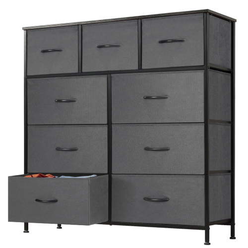 EDX 9 Drawer Dresser, Wide Chest of Drawers Nightstand Storage Tower Storage Fabric Dresser with Wood Top for Living Room, Bedroom, Hallway,Grey