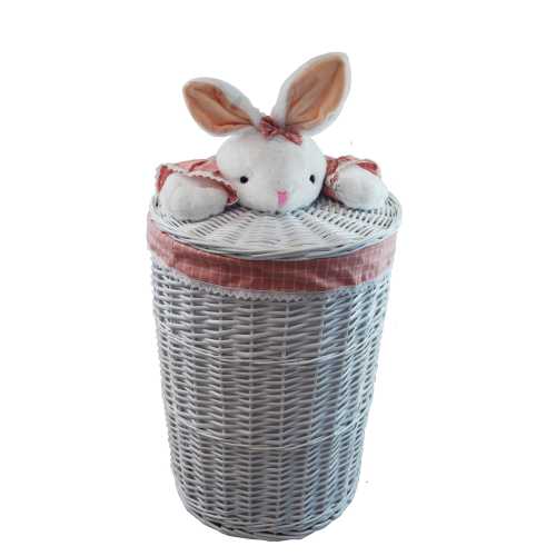 Laundry basket Laundry bins Round white wicker Lid with pink plush rabbit toy 2 sizes