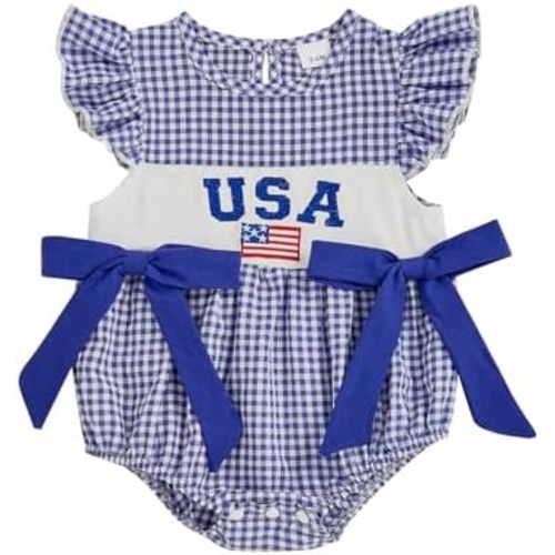 My First 4th of July Baby Girl Outfit USA Bubble Romper Bowknot Ruffle Bodysuit Infant Girls Smocked Clothes