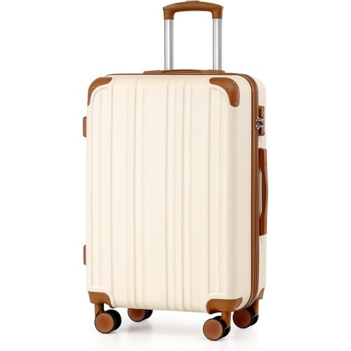 Coolife Luggage, Lightweight and Durable Hardshell, 24 in, apricot white | Checked Suitcase with ABS Hardshell, 360° Dual Spinner Wheels, TSA Lock, YKK Zipper, and Aluminum Handle