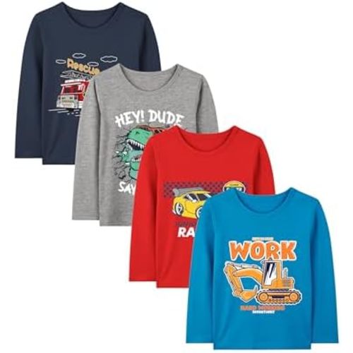 Resinta 4 Pack Toddler Boys Cotton Long Sleeve T-Shirts with Prints Baby Boys Pullover Crewneck Shirts Assorted Everyday Tops