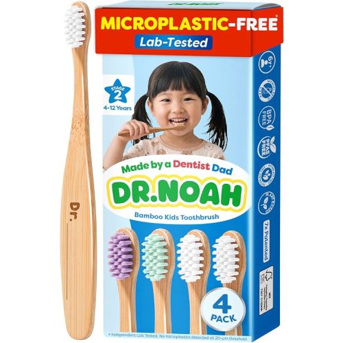 Dr. Noah Microplastic-Free Bamboo Kids Toothbrush, Dentist Designed, Age 4+