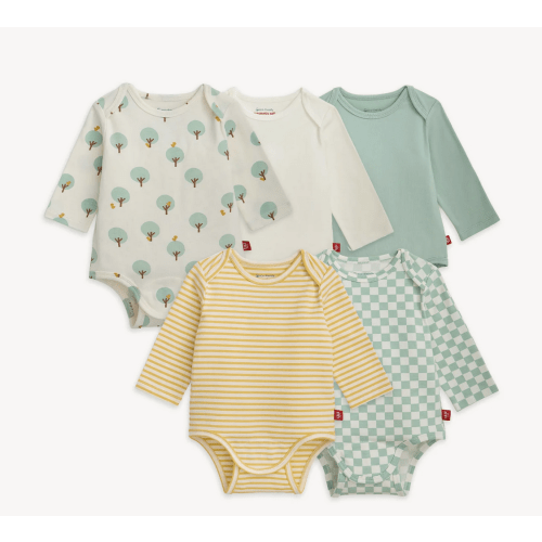 Magnetic 5-Pack Bodysuit - Cyprus, Sprout, Creme colors, 0-3 Months