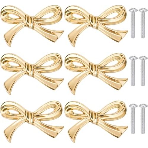 6pcs Bow Shape Dresser Knobs, Gold Bow Drawer Cabinets Knobs Decorative