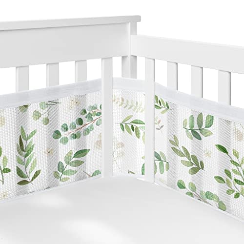 Sweet Jojo Designs + BreathableBaby 2-Piece Breathable Mesh Crib Liner Set (Green Boho Floral Leaf) for Boys/Girls, Baby, Infants/Newborn Nursery (Sage, Bohemian, Watercolor, Botanical, Woodland)