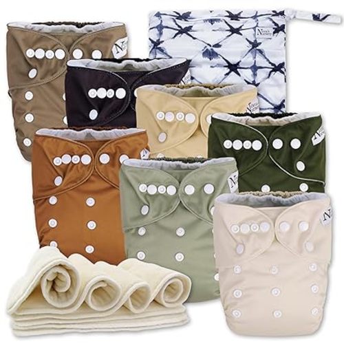 Nora's Nursery Cloth Diapers for Babies (Down to Earth) – 7 Adjustable Baby Reusable Diapers, 7 Inserts & 1 Wet Bag From Newborns to Toddlers – One-Size Pocket No-Leak, Washable Design to Reduce Waste