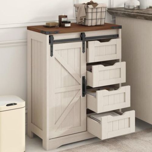 Farmhouse Storage Cabinet with Drawers and Sliding Door for Bathroom, Kitchen, Living Room