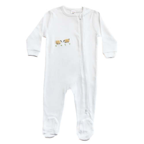 Baby Footie, Combed Cotton, Embroidered | 3-6M | Cream Sheep
