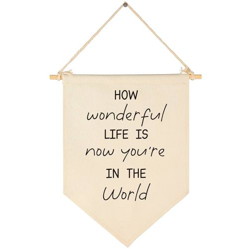 How Wonderful Life is Now-Canvas Hanging Pennant Flag Banner Wall Sign Decor Gift for Nursery Baby Kids Boy Girl Newborn Nephew Teen Bedroom Playroom Front Door-Birthday Christmas Gift
