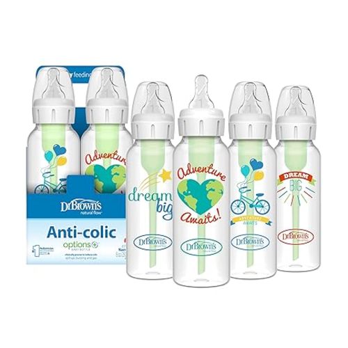 Dr. Brown's Natural Flow Anti-Colic Options+ Narrow Baby Bottle, Dream Adventure, 8 oz/250 mL, with Level 1 Slow Flow Nipples, 0m+, 4 Pack