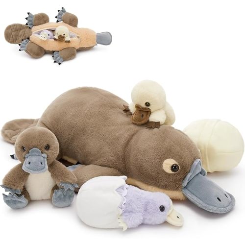 Tezituor 21" Platypus Stuffed Animal with 3 Babies & 2 Eggs, Cute Realistic Platypus Plush Toys for Kids, Christmas, Easter, Birthday, Party and Decorations