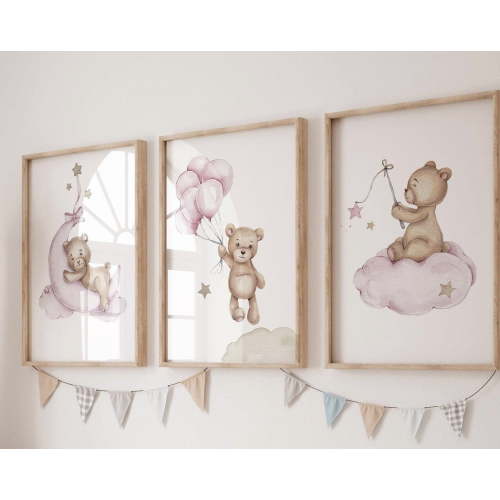 Luvia Teddy Bear Baby Girl Room Decor, Girl Gallery Wall, Bear Nursery Decor, Nursery, New Baby, Neutral Nursery Art , Modern Wall Decor Set 3 Prints 12x18 UNFRAMED