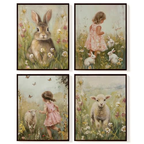 SkyCozy Vintage Spring Bunny Wall Art for Bunny Nursery Decor, Muted Spring Rabbit Lamb Print, Rustic Easter Decorations for Living Room Bedroom Kitchen Decor 12x16 Inch(Unframed)