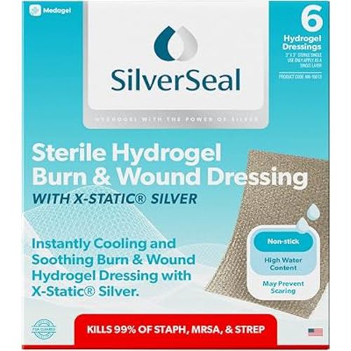 SilverSeal Burn and Wound Dressing, Hydrogel Pads with X-Static Silver, Soothing, Moist & Protective for Burns, Cuts & Wounds, 2" x 3" Sterile Dressings, 6 Count