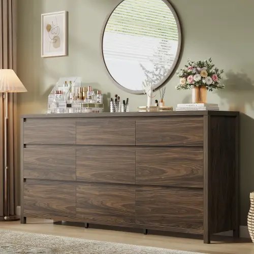 9 Drawer Dresser for Bedroom, 63" Wide Wooden Closet Dresser with Smooth Drawer, Large Dressers & Chests of Drawers for Bedroom Living Room, Walnut Dresser
