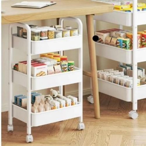 MOVSSOU Movable 3-Tier Rolling Storage Cart Shelves Rolling Utility Cart for Bathroom Kitchen Office Workshop White
