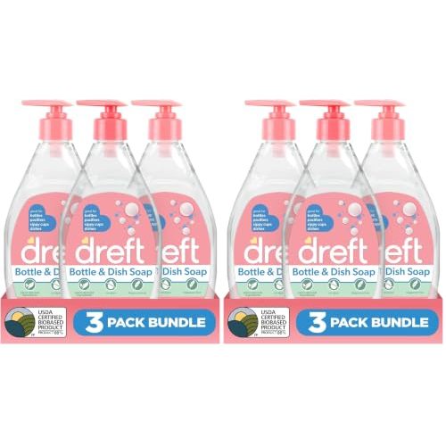 Dreft Bottle and Dish Soap | Made to Clean Baby Bottles,Sippy Cups,Pacifiers,Breast Pumps,& More | Gently Removes Milk Film & Odors-| Plant Based,Fragrance Free Dish Soap-| 18 Fl Oz,(Pack of 6)