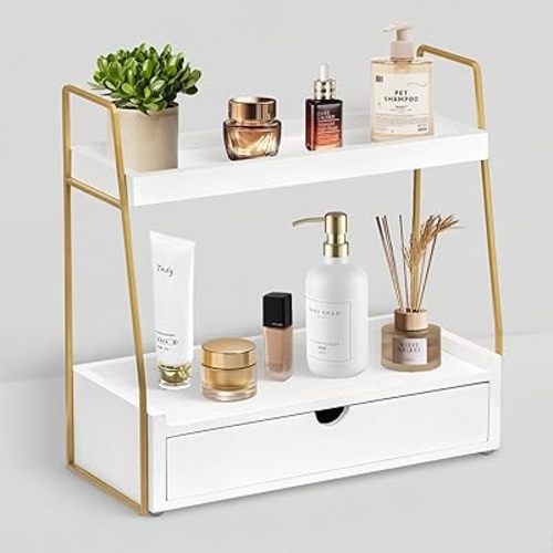 2-Tier Bathroom Organizer Countertop with Drawer, Wood Counter Organizer for Bathroom Decor, Sink Shelf for Vanity Storage, Makeup Tray for Perfume Skincare Bedroom Kitchen Corner