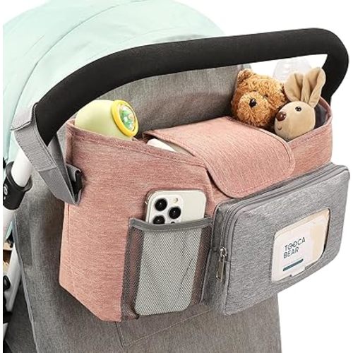 Accmor Universal Stroller Organizer with Insulated Cup Holder, Stroller Caddy Bag Accessories, Stroller Cup Holder Organizer for Uppababy Baby Jogger Britax Stroller, Pink