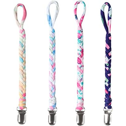4 Pieces Pacifier Clips for Infant Boys and Girls Universal Pacifier Holder Hand-Made Braided Soothie Leash for All Pacifiers Teething Drool Bibs (Gray, Yellow, White, Blue)
