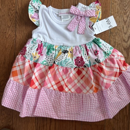 NWT Bonnie Jean Pink Floral Poplin Dress Set Girls 3-6 Months Tiered Mixed Print
