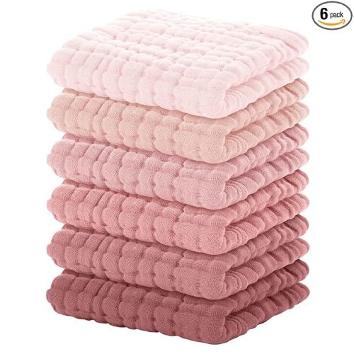 Yoofoss Muslin Baby Washcloths 100% Organic Cotton Face Towels 6 Pack Wash Cloths for Baby 12x12in Soft and Absorbent Baby Wipes (Gradient Pink)
