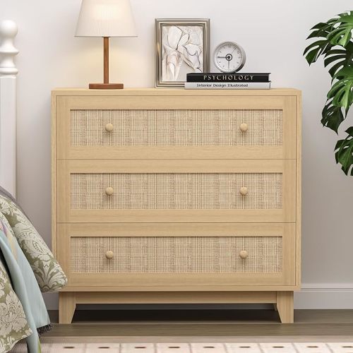 Xixini 3 Drawer Dresser for Bedroom, Boho Small Natural Rattan Closet Dressers Chest of Drawers, Modern Wood Clothes Storage Organizer with Wooden Feet and Handles for Hallway, Living Room, Entryway