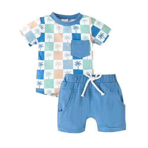 WIBACKER Baby Boys Summer Clothes Short Sleeve Plaid Pocket Tshirt and Shorts Set Casual Toddler Boy Beach Outfits