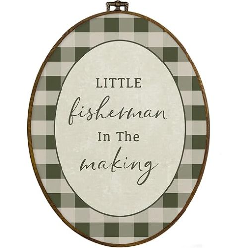 dvhdajed Vintage Boys Nursery Oval Wall Art Decor, Little Fisherman in the Making Framed Canvas Art, Baby Boys Room Decorations,Cabin Green Checkered Wall Hanging Decor for Toddler Room,8.7x11.3 In