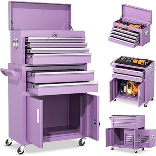 INTERGREAT 8 Drawers Tool Chest, 42'' Large Rolling Tool Chest with Drawers, Detachable Top Tool Box, Tool Cabinet for Repair Room,Warehouse, Rolling Tool Box with Hooks,Tray Divider,Liners(Purple)